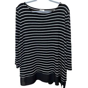 Talbots Womens Black White Striped Top 3X Sheer Hem 3/4 Sleeve Capsule Nautical